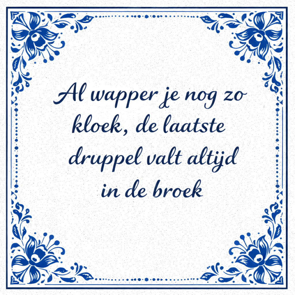 Tegeltje "Al Wapper Je Nog Zo Kloek, De Laatste Druppel Valt Altijd In De Broek"