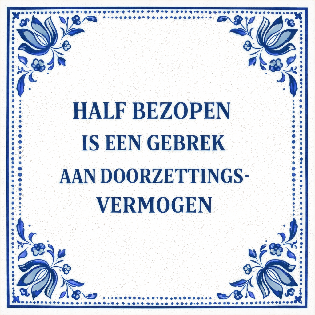 Tegeltje "Half Bezopen Is Een Gebrek Aan Doorzettingsvermogen"
