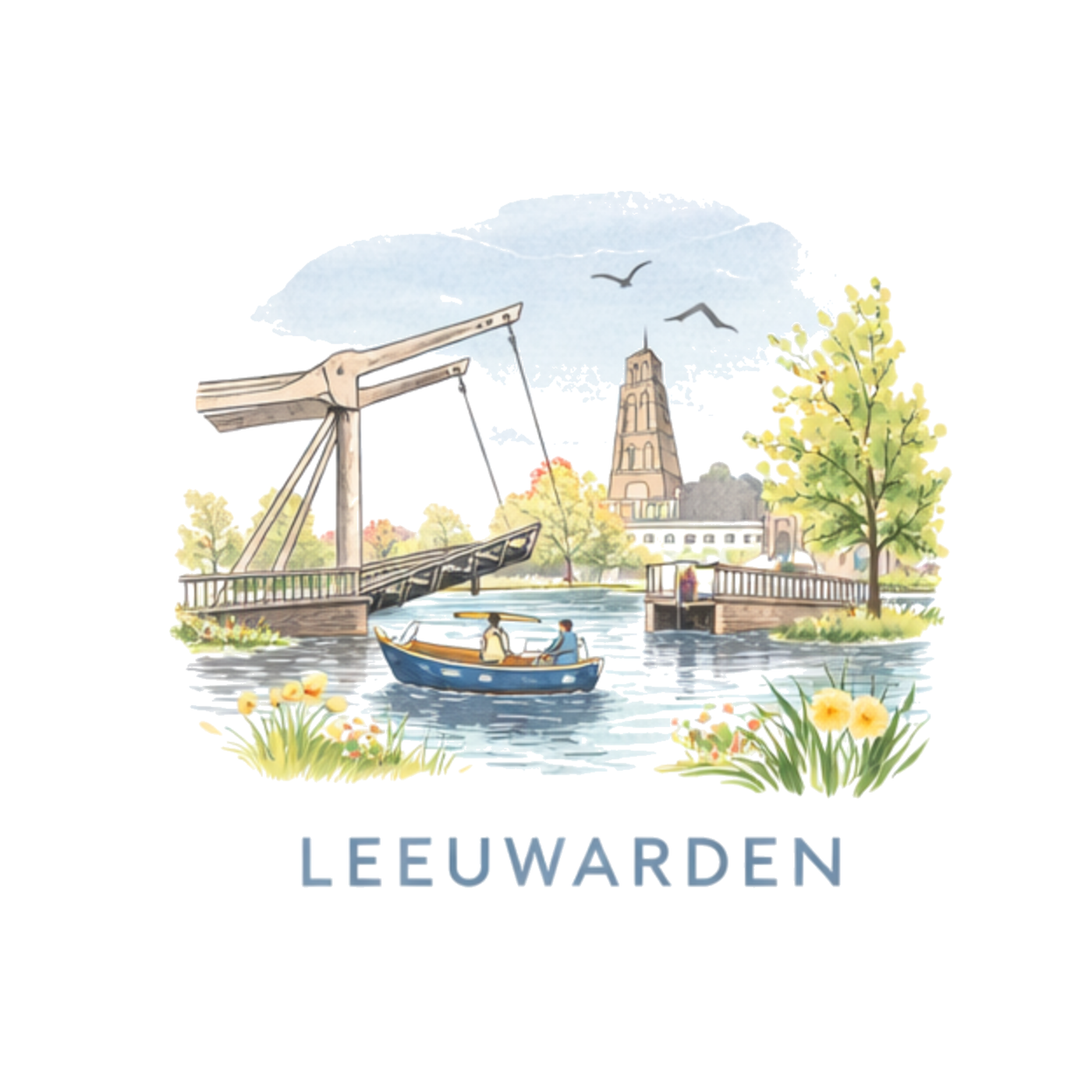 Tegeltje Waterverf "Leeuwarden" Stadsaanzicht