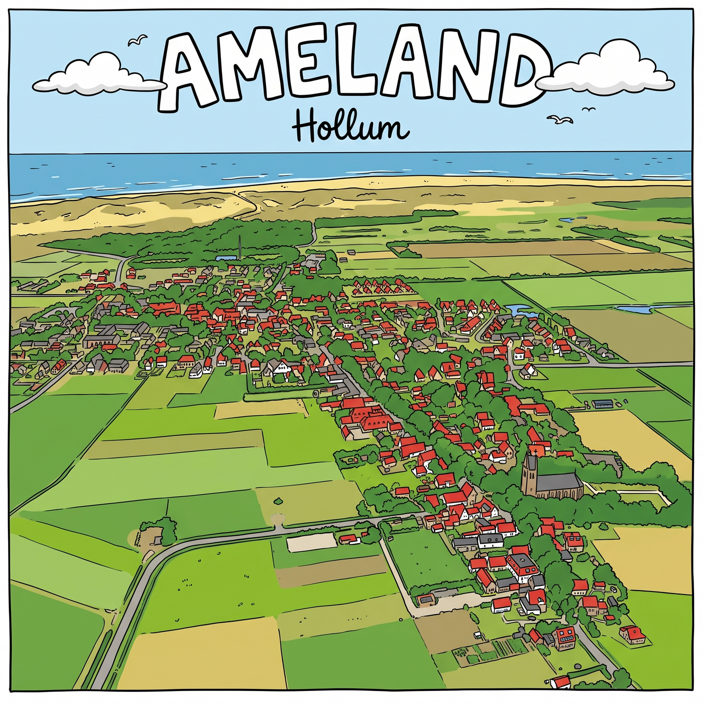 Cartoon - Vogelvlucht Hollum